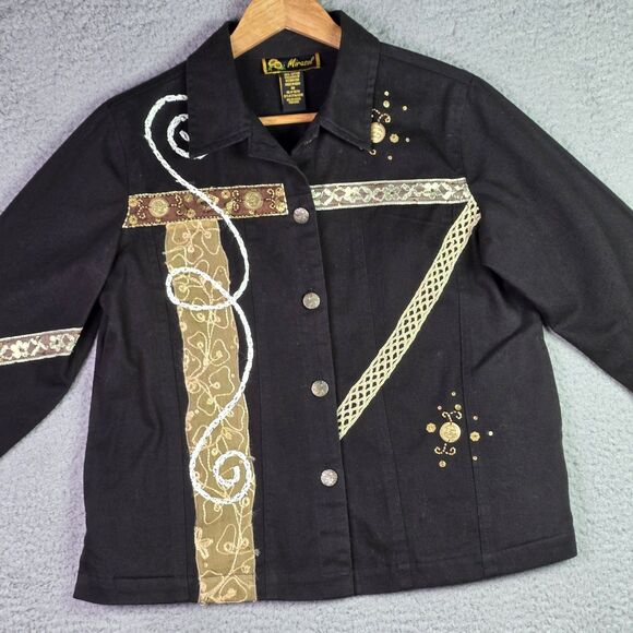 Mirasol Black Gold Embroidered Jacket M Boho Artsy Statement Maximalist Unique - Picture 5 of 15
